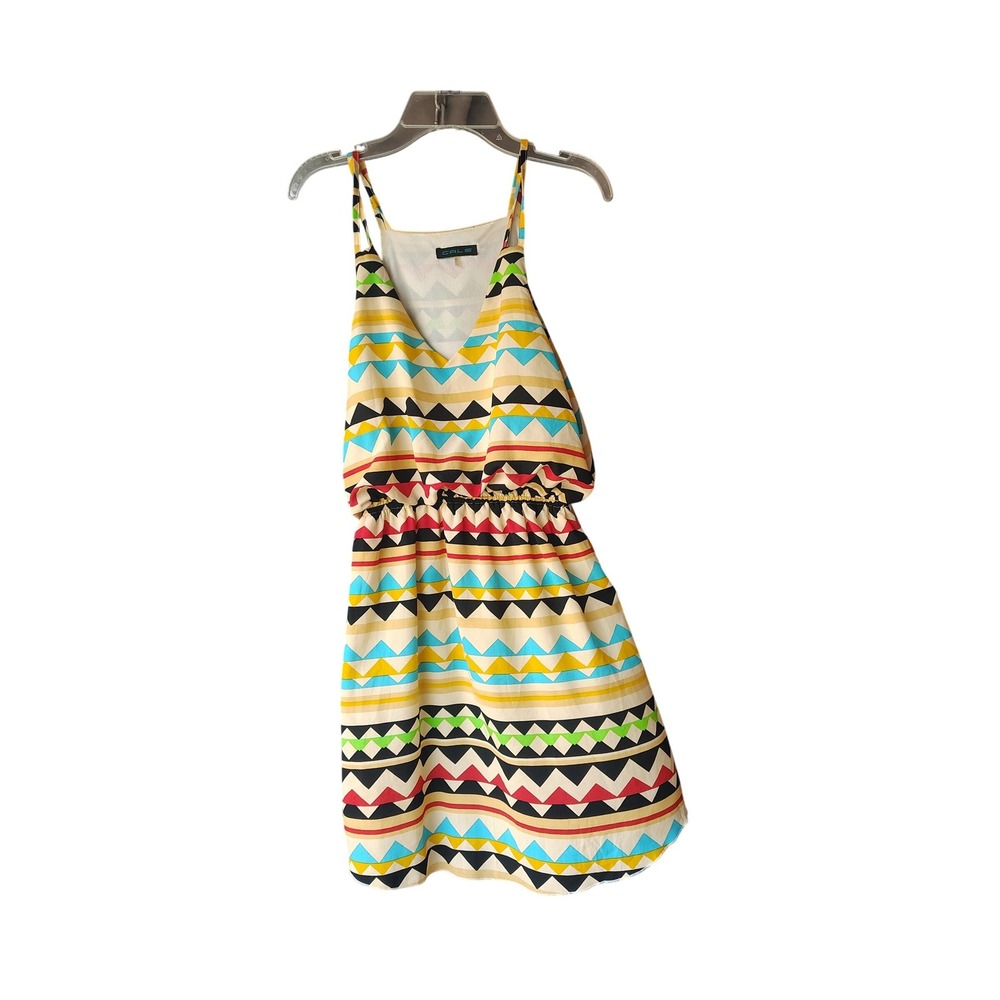 Cals Womens Geometric Tribal Print Mini Dress Sleeveless V-Neck Multi-Color